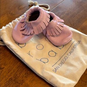 Pink leather fringe moccasins size 3 baby